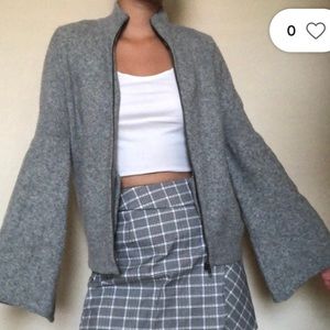Grey Bell Sleeve Zip Up Sweater